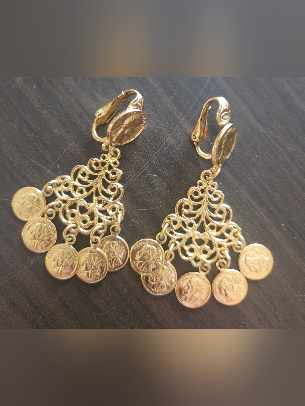 Gold Filigree Coin Drop Clip-On Earrings - Unbranded